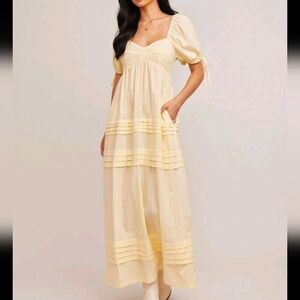 Embroidered Striped Woven Sweetheart Neck Tie Puff Sleeve Smocked Back Maxi Dres